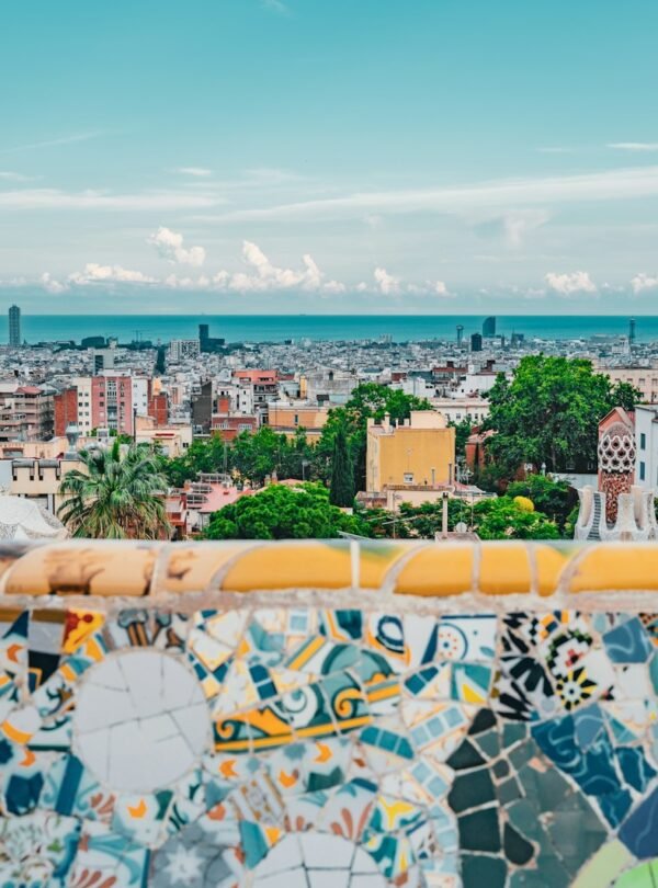 a view of a city from a tiled roof